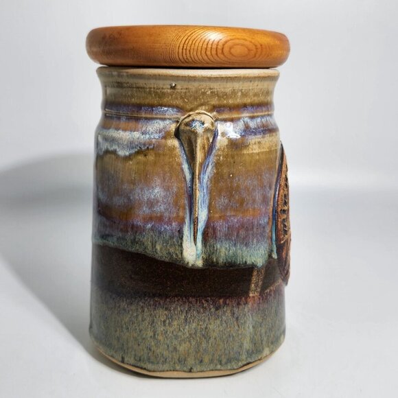 Vintage Wild Rice Blue Pottery Crock Canister Wood with Lid Duck Scene Minnesota - Picture 4 of 11